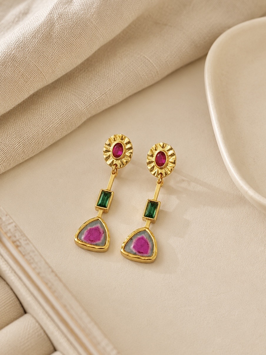 Vintage Rubellite Crystal Earrings – Gold Art Deco Statement – Bild 2
