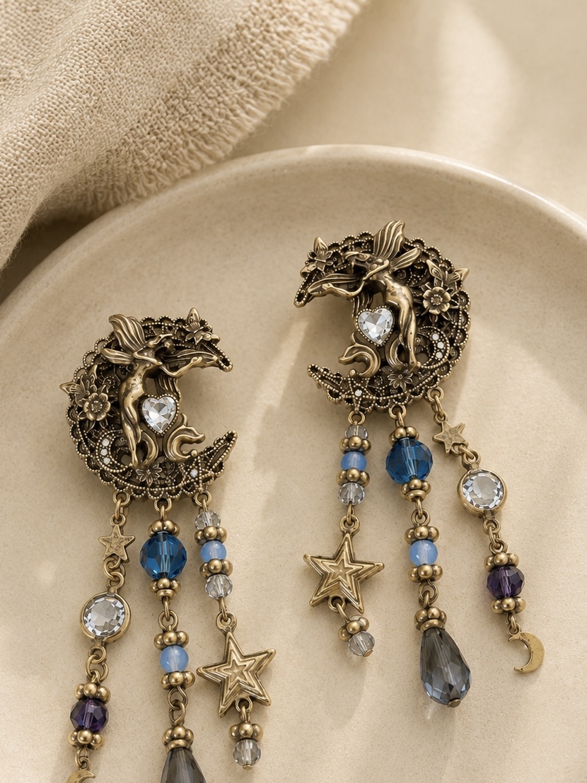 Vintage Mond & Sterne Ohrringe – Blau Gold – Bild 2