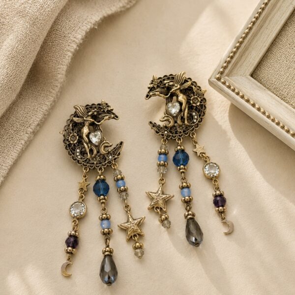 Vintage Mond & Sterne Ohrringe – Blau Gold