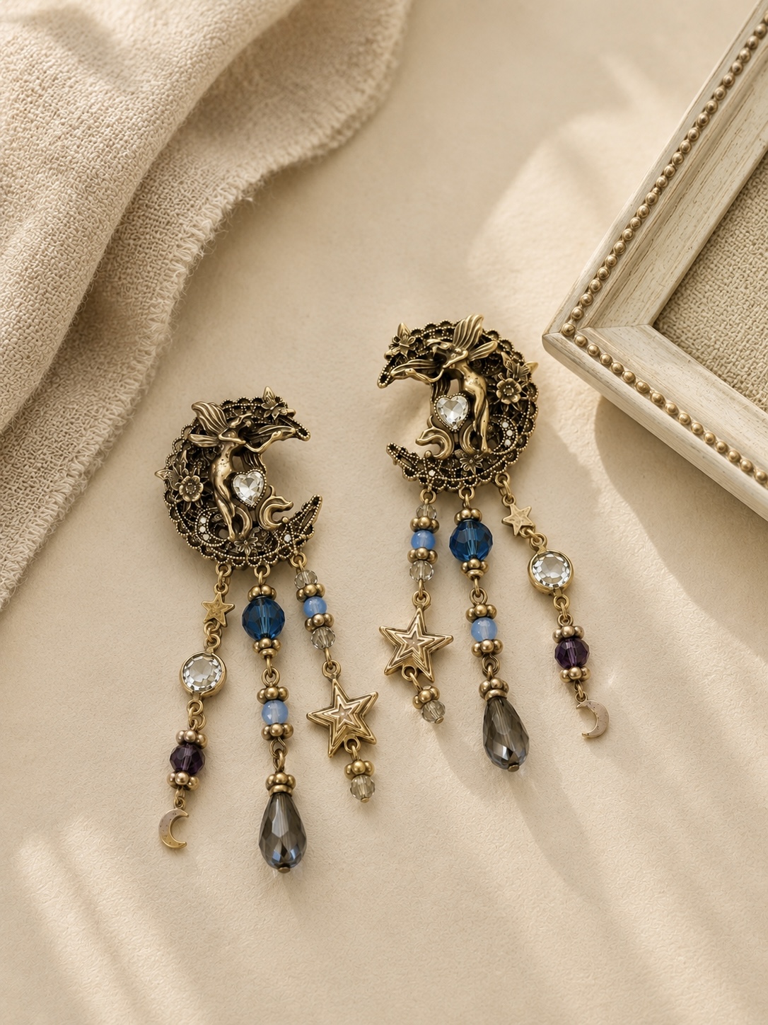 Vintage Mond & Sterne Ohrringe – Blau Gold