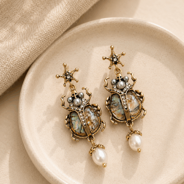 Golden Beetle Pearl Earrings