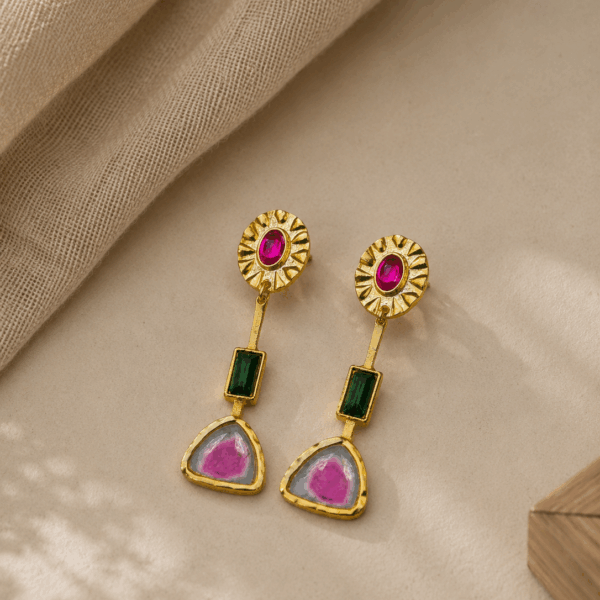 Vintage Rubellite Crystal Earrings – Gold Art Deco Statement