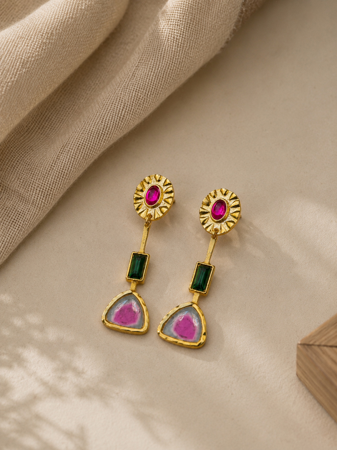 Vintage Rubellite Crystal Earrings – Gold Art Deco Statement